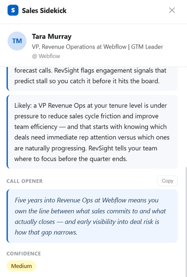 The Sales Sidekick side panel on a LinkedIn profile: a VP of Revenue Operations, three call-ready bullets, a word-for-word call opener, and a confidence badge.